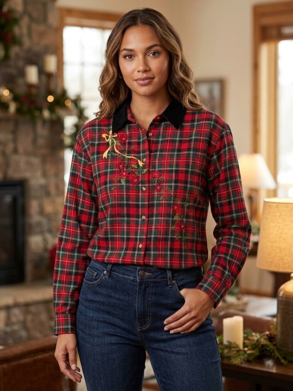 Victoria Jones Woman Vintage Christmas Plaid Embroidered Shirt 2X Velvet Collar